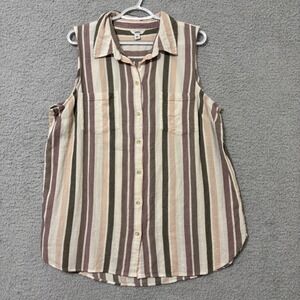 Sleeveless Striped Button Front Blouse Cotton Rayon Lightweight Neutral XXL
